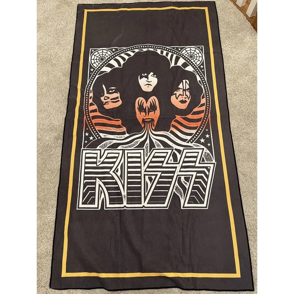 KISS Rock Band Large Beach Towel Black Orange Graphic Music Memorabilia
